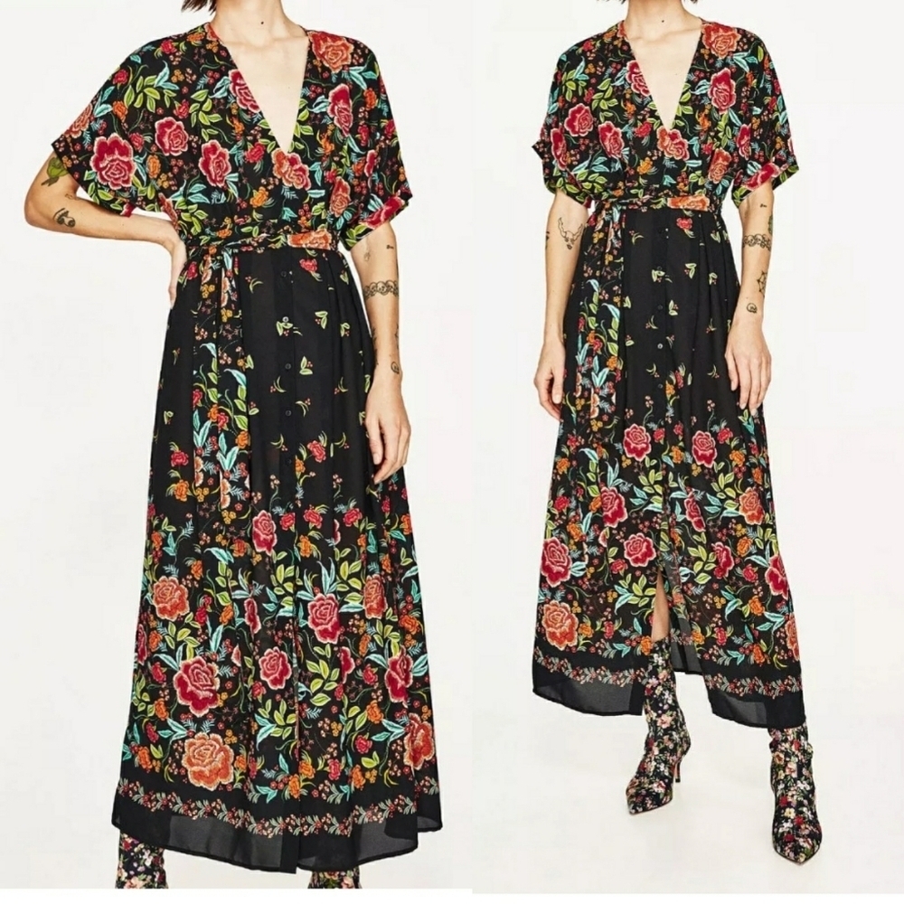 ZARA FLORAL PRINT KIMONO CAFTAN DRESS size M